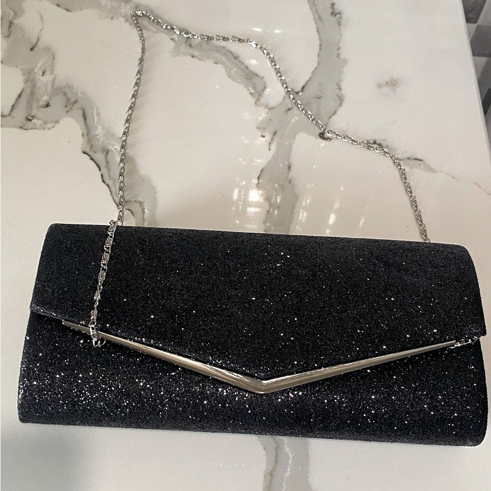 Black Sparkly Clutch with Silver Chain Handle